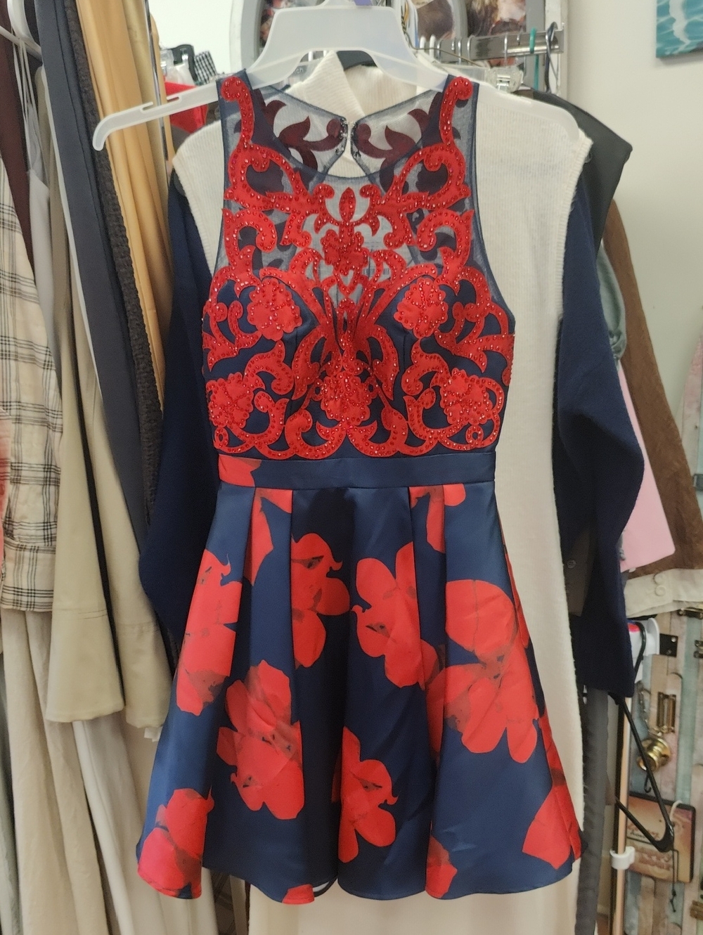 Glamour by Terani Couture Navy and Red Beaded Evening Dress